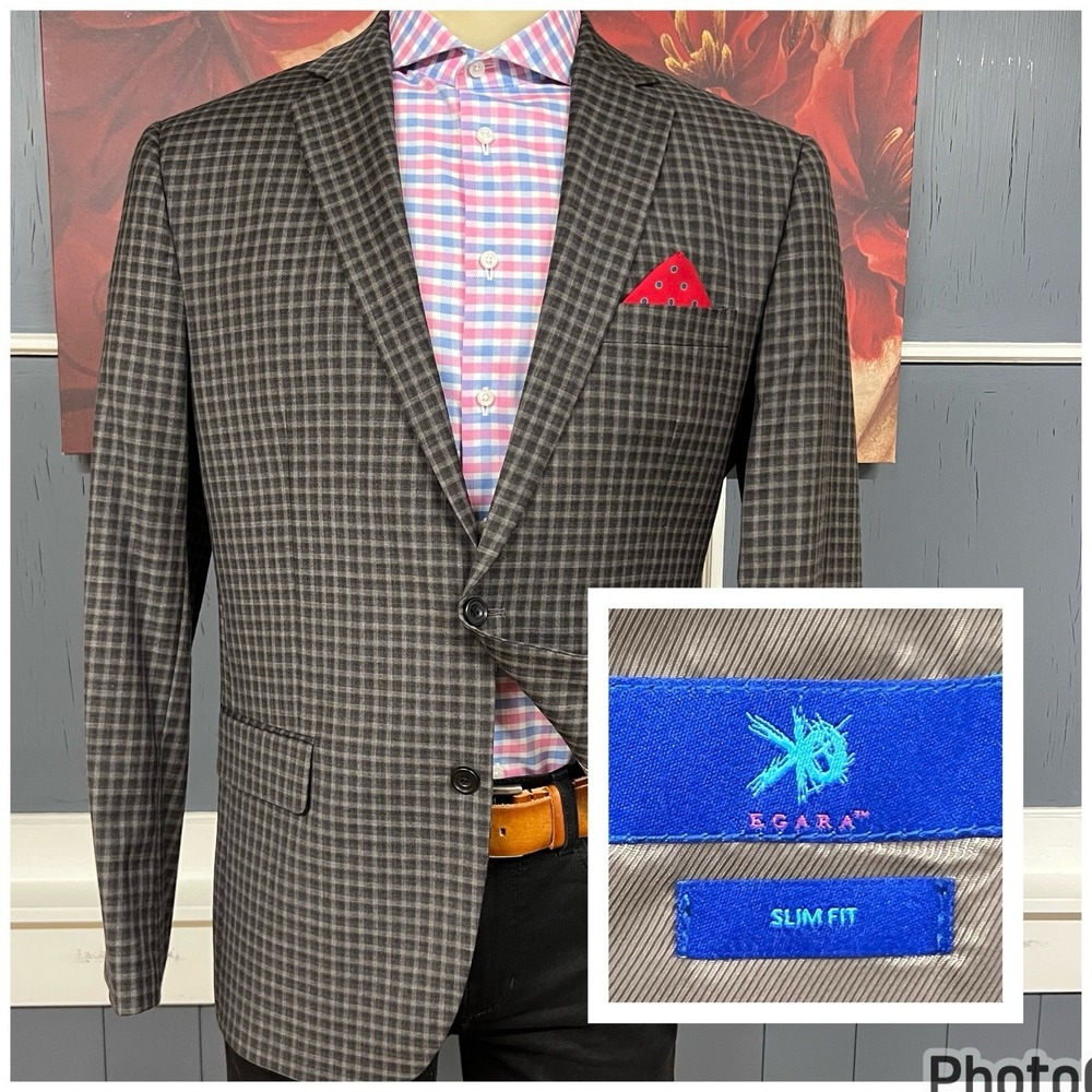 Egara‎ Blazer Jacket Sport Coat Mens 44R Slim Fit Wool Brown/Gray Gingham